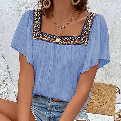 Women's Summer Lace Embroidered Square Neck Shirt Bohemian Pullover Ruffled Short-sleeved Shirt