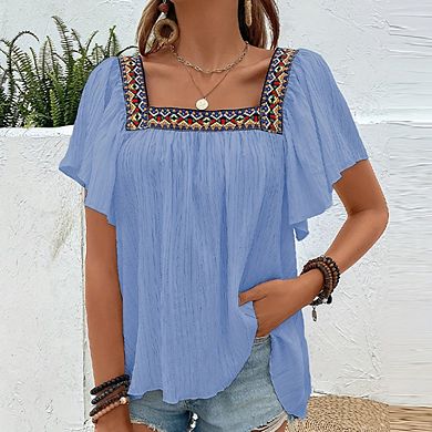 Women's Summer Lace Embroidered Square Neck Shirt Bohemian Pullover Ruffled Short-sleeved Shirt