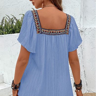 Women's Summer Lace Embroidered Square Neck Shirt Bohemian Pullover Ruffled Short-sleeved Shirt