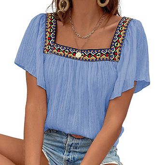 Women's Summer Lace Embroidered Square Neck Shirt Bohemian Pullover Ruffled Short-sleeved Shirt