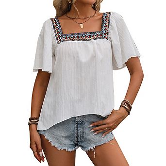 Women's Summer Lace Embroidered Square Neck Shirt Bohemian Pullover Ruffled Short-sleeved Shirt