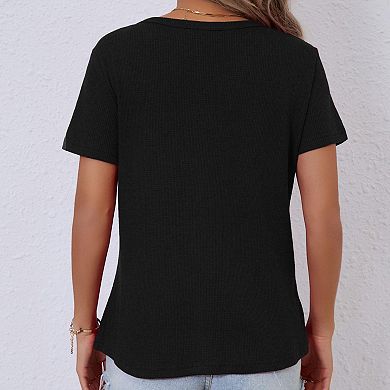 Women's waffle V-neck short-sleeved top Simple Solid Color T-shirt Top for Women