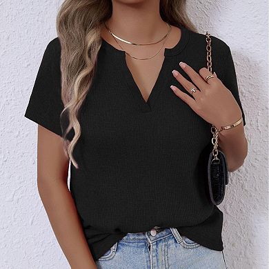 Women's waffle V-neck short-sleeved top Simple Solid Color T-shirt Top for Women