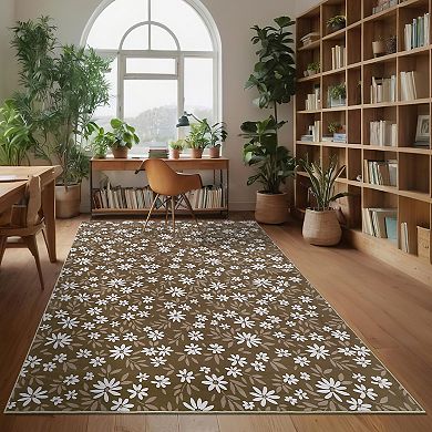 Floral Farmhouse Washable Rug with Rubber Backing, Soft Thin Foldable Floor Carpet