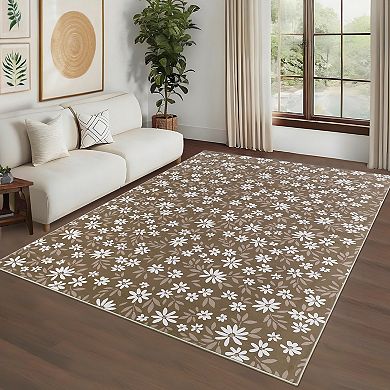 Floral Farmhouse Washable Rug with Rubber Backing, Soft Thin Foldable Floor Carpet