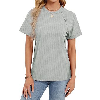 Women's Summer Short Simple Sleeve Round Neck Solid Ribbed Top for Daily Wear