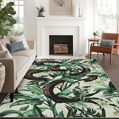 Tropical Jungle Snake Washable Area Rug Stain Resistant Throw Carpet With Non-Slip Backing