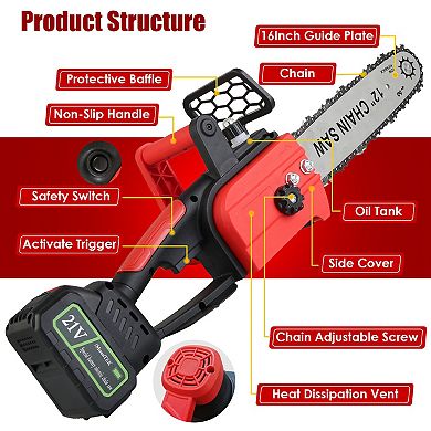 12" Cordless Electric Chainsaw with 2×21V 3.0Ah Batteries & Charger