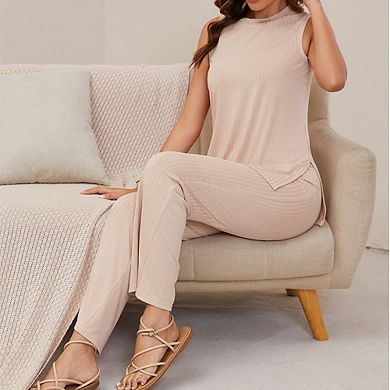 Women's Ribbed Two-Piece Set -Sleeveless Tank Wide-Leg Pants Sets