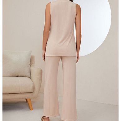 Women's Ribbed Two-Piece Set -Sleeveless Tank Wide-Leg Pants Sets