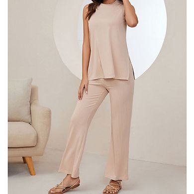 Women's Ribbed Two-Piece Set -Sleeveless Tank Wide-Leg Pants Sets