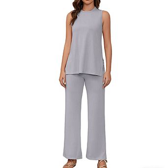 Women's Ribbed Two-Piece Set -Sleeveless Tank Wide-Leg Pants Sets