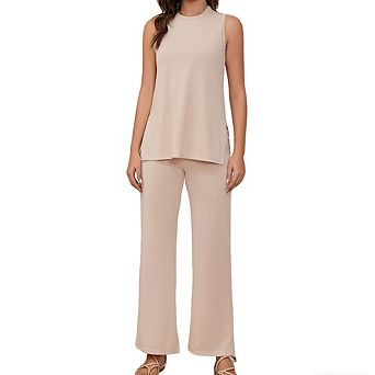 Women's Ribbed Two-Piece Set -Sleeveless Tank Wide-Leg Pants Sets