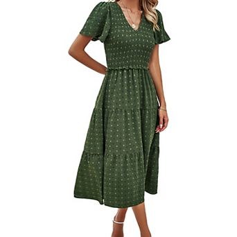Women's V Neck Midi Dress Casual Short Sleeve Smocked Tiered Ruffle Dress