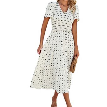 Women's V Neck Midi Dress Casual Short Sleeve Smocked Tiered Ruffle Dress