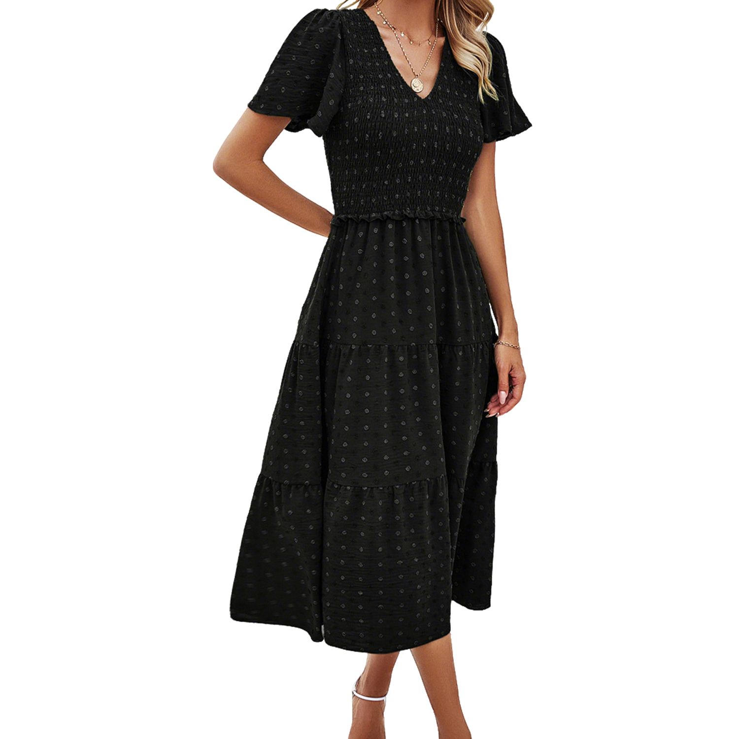 Женские платья V Neck Midi Dress Casual Short Sleeve Smocked Tiered Ruffle Dress