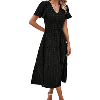 Women's V Neck Midi Dress Casual Short Sleeve Smocked Tiered Ruffle Dress