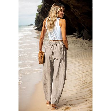 Women's Linen Blend Wide Leg Pants Elastic Waist Pants with Cargo Pockets