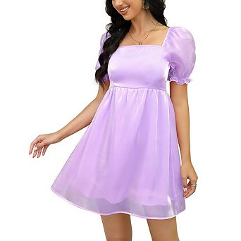 Women's Puff Short Sleeve Square Neck Puffy Dress Babydoll Mesh Mini Dress