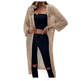 Women Crochet Long Cardigan 3/4 Sleeve Hollow Out Lightweight Knit Loose Sweater