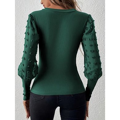 Women's Dressy Chiffon Patchwork Tops V Neck Puff Long Sleeve Tunic Blouses
