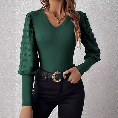 Women's Dressy Chiffon Patchwork Tops V Neck Puff Long Sleeve Tunic Blouses