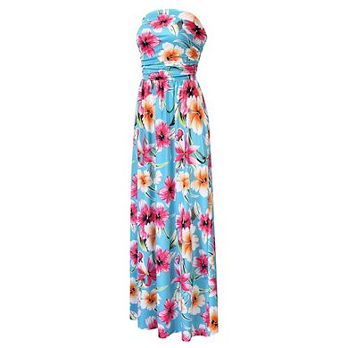 Women Strapless Boho Dress Casual Loose Ruched Long Maxi Dress with Pockets