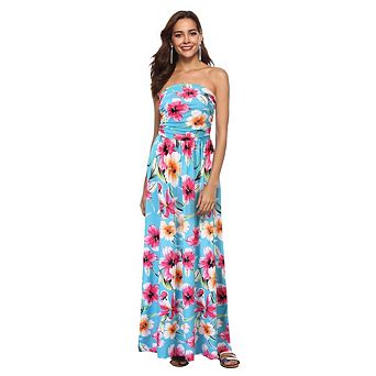 Women Strapless Boho Dress Casual Loose Ruched Long Maxi Dress with Pockets
