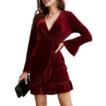 Women's Long Sleeve Velvet Dress V Neck Ruffles Elegant Cocktail Evening Party Mini Dress