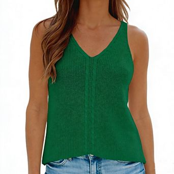 Women's Knit Sleeveless V-Neck Tank Top - Cable Knit Detail Casual Loose-Fit Summer Blouse