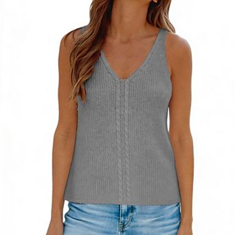 Women's Knit Sleeveless V-Neck Tank Top - Cable Knit Detail Casual Loose-Fit Summer Blouse