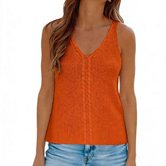 Women's Knit Sleeveless V-Neck Tank Top - Cable Knit Detail Casual Loose-Fit Summer Blouse