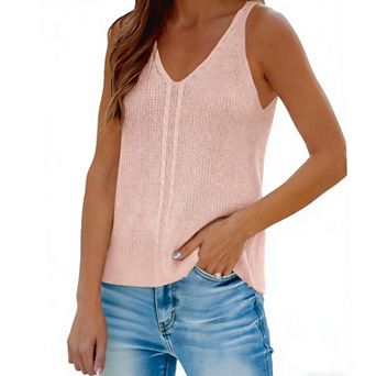Women's Knit Sleeveless V-Neck Tank Top - Cable Knit Detail Casual Loose-Fit Summer Blouse