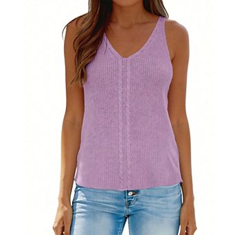 Women's Knit Sleeveless V-Neck Tank Top - Cable Knit Detail Casual Loose-Fit Summer Blouse
