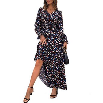 Women's Fall Dresses Boho Long Sleeve Flowy Casual Floral Maxi Dress V Neck Smocked Midi Dress