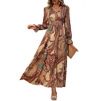 Women's Fall Dresses Boho Long Sleeve Flowy Casual Floral Maxi Dress V Neck Smocked Midi Dress