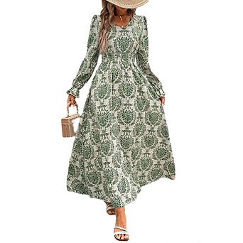 Women's Fall Dresses Boho Long Sleeve Flowy Casual Floral Maxi Dress V Neck Smocked Midi Dress