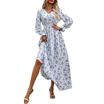 Women's Fall Dresses Boho Long Sleeve Flowy Casual Floral Maxi Dress V Neck Smocked Midi Dress