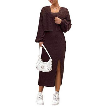 2 pc Sweater Dresses for Women Slit Long Sleeve Womens Midi Dress Pullover Bodycon Going Out