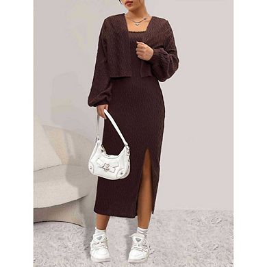 2 Piece Sweater Dresses for Women Slit Long Sleeve Womens Midi Dress Pullover Bodycon Going Out