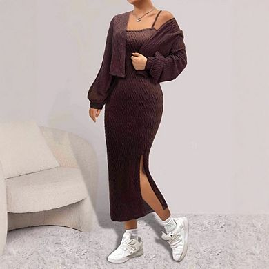 2 Piece Sweater Dresses for Women Slit Long Sleeve Womens Midi Dress Pullover Bodycon Going Out