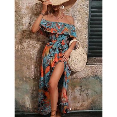 Womens Boho Midi Dresses Off Shoulder Side Slit Beach Vacation Casual Hawaiian Resort Clothes