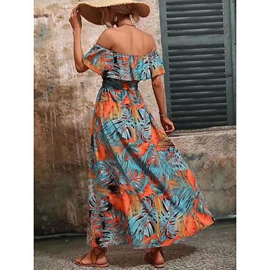 Womens Boho Midi Dresses Off Shoulder Side Slit Beach Vacation Casual Hawaiian Resort Clothes
