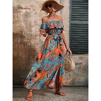 Womens Boho Midi Dresses Off Shoulder Side Slit Beach Vacation Casual Hawaiian Resort Clothes