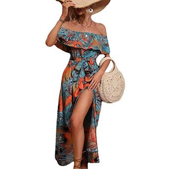 Womens Boho Midi Dresses Off Shoulder Side Slit Beach Vacation Casual Hawaiian Resort Clothes