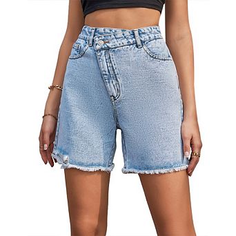 Womens High Waiste Straight Jeans Y2K Demin Shorts with Pockets Criss Crossover Oblique Placket Pant