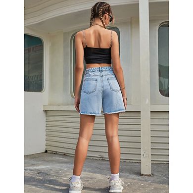 Womens High Waiste Straight Jeans Y2K Demin Shorts with Pockets Criss Crossover Oblique Placket Pant