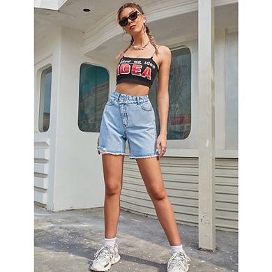 Womens High Waiste Straight Jeans Y2K Demin Shorts with Pockets Criss Crossover Oblique Placket Pant