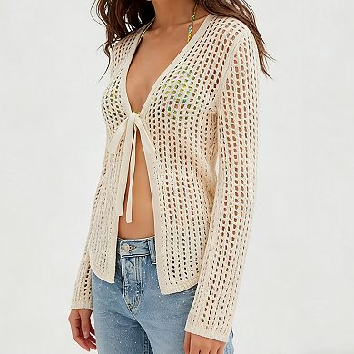 Women's Crochet Open Front Cardigan - Tie-Front Sheer Long Sleeve Beach Cover Up Casual Top