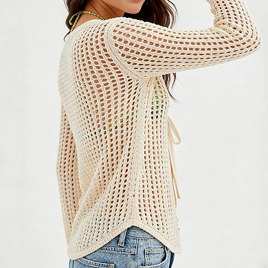 Women's Crochet Open Front Cardigan - Tie-Front Sheer Long Sleeve Beach Cover Up Casual Top